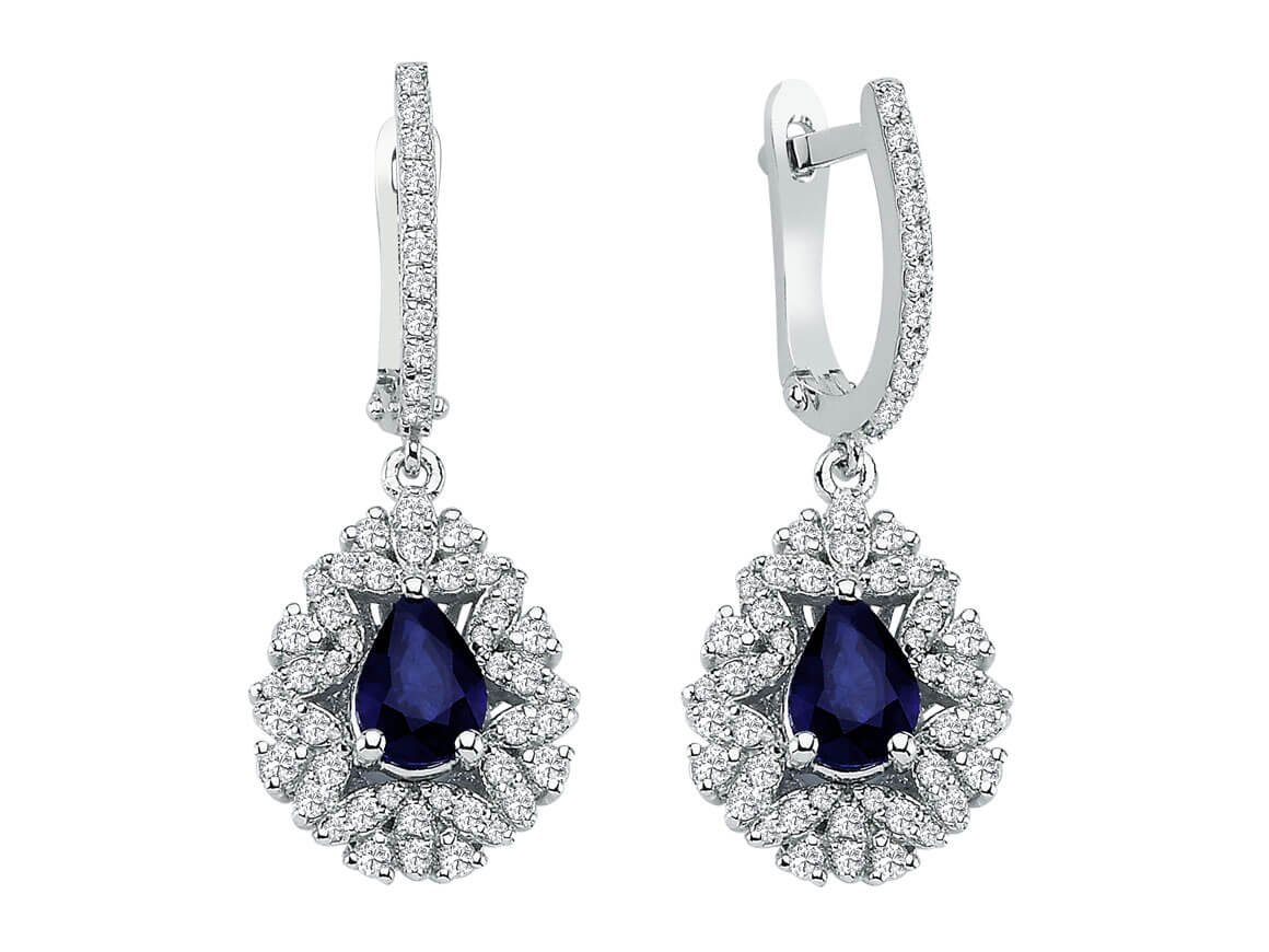 Diamant und Tropfen Saphir Ohrhänger - handgefertigter Diamantschmuck aus Feingold | Sirius Diamant