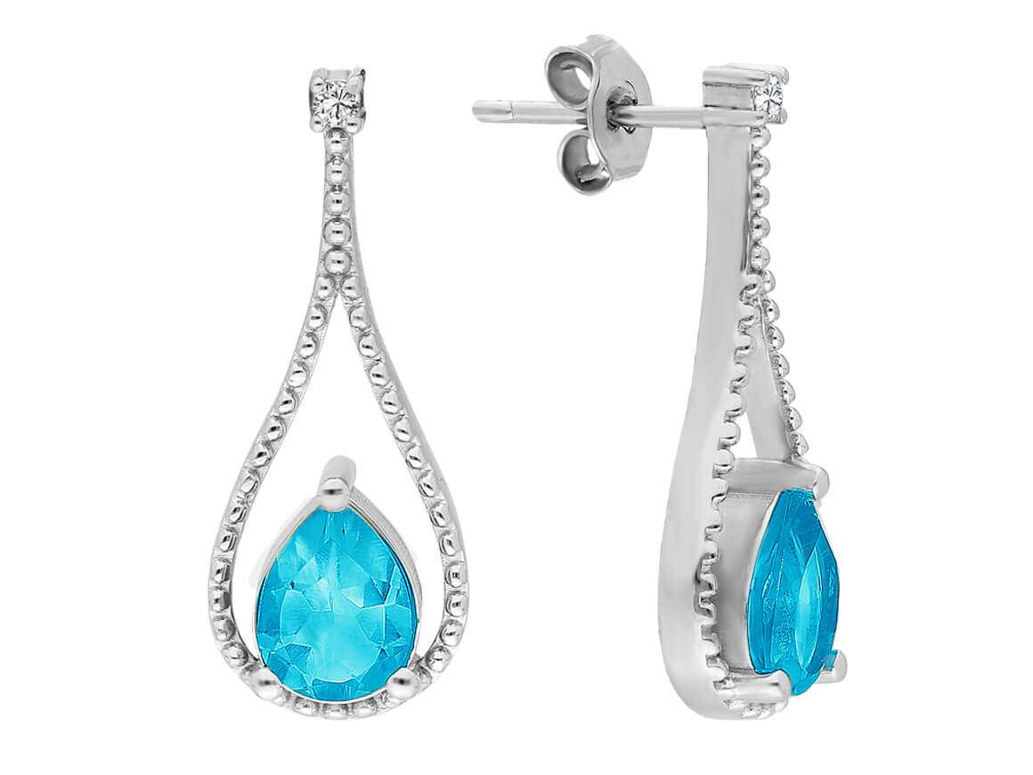Earrings with diamonds and drop-shaped blue topazes