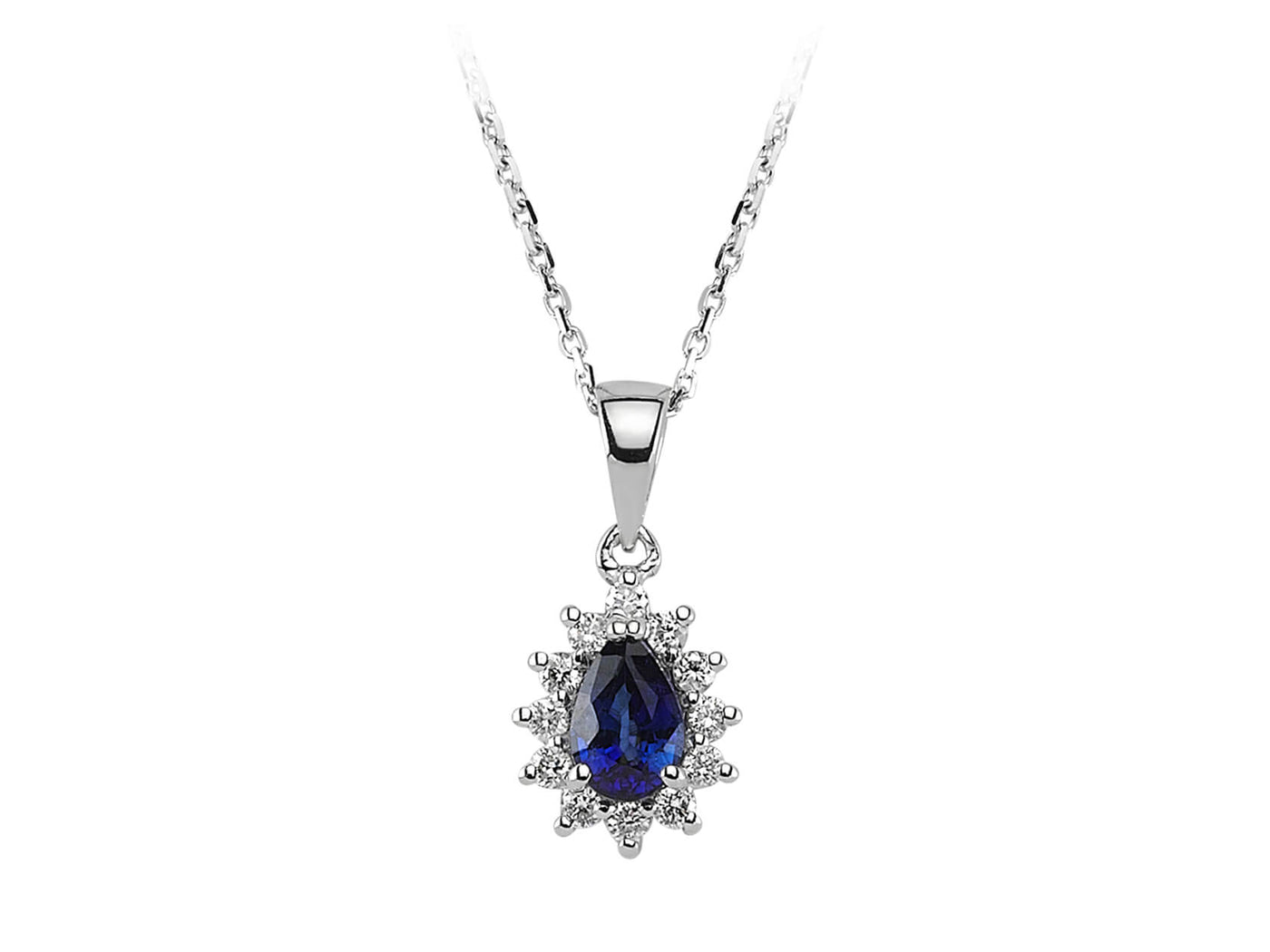 Diamond and drop sapphire necklace in 14 K