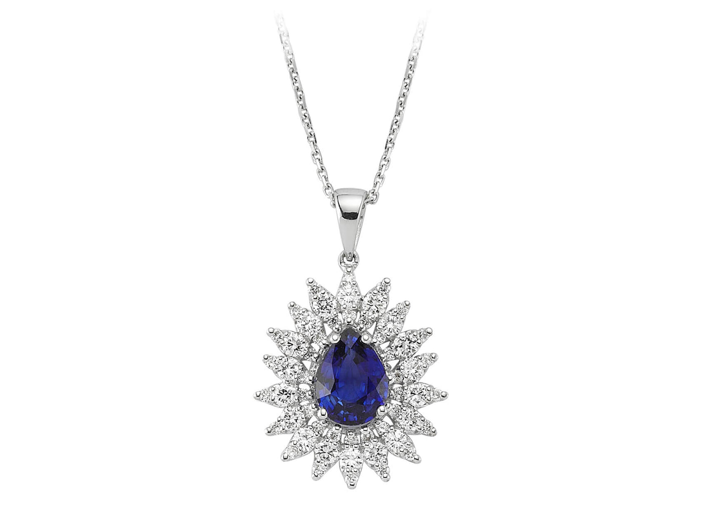 Diamond and drop sapphire necklace in 14 K white gold