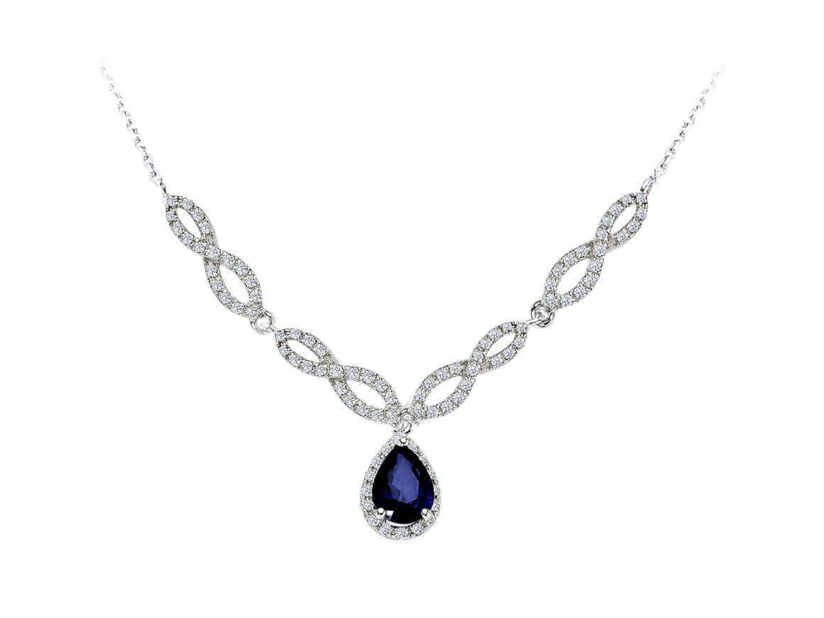 Diamond and drop sapphire necklace in 14 K white gold