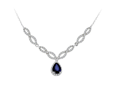 Diamond and drop sapphire necklace in 14 K white gold