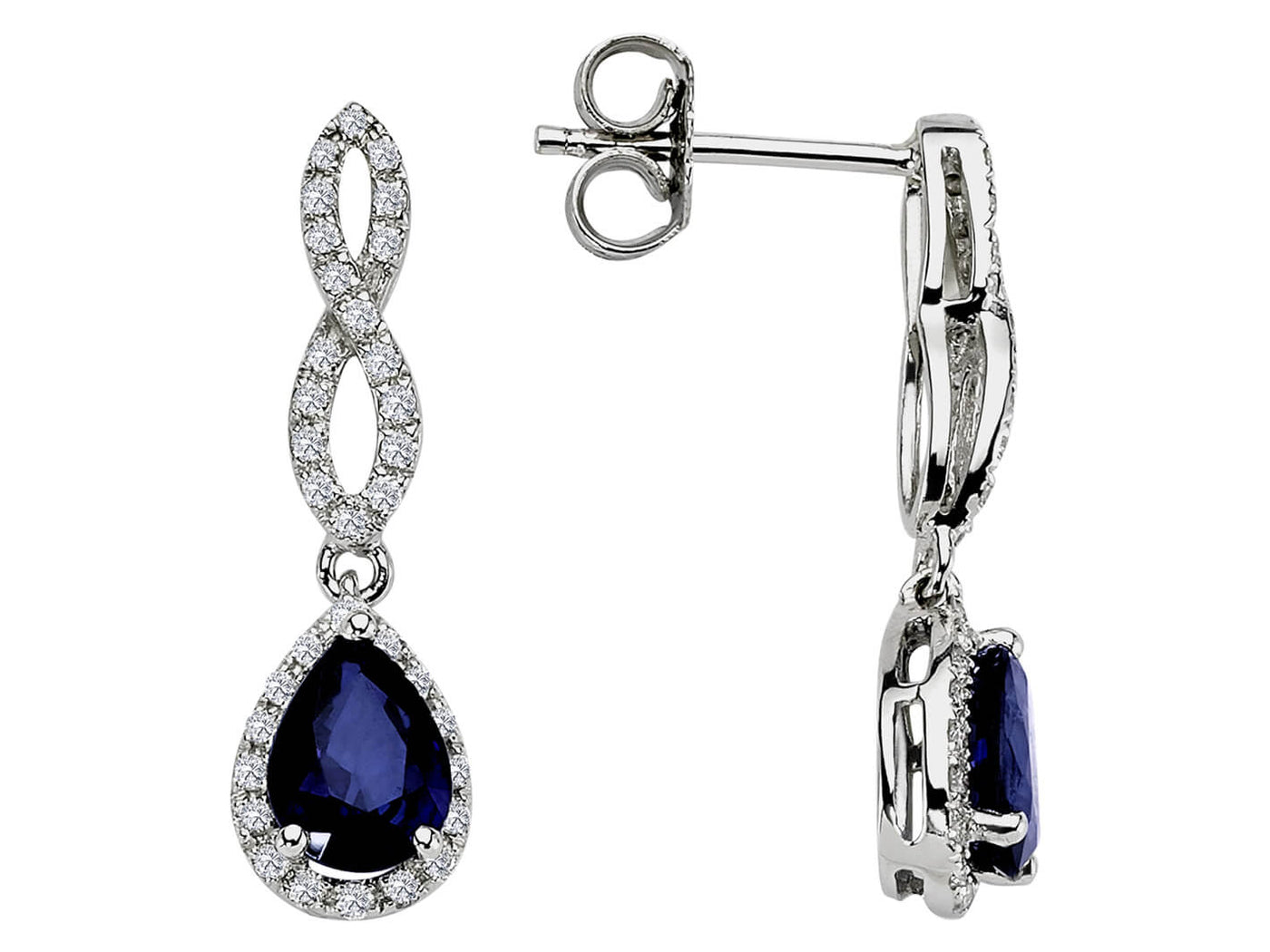 Diamond and teardrop sapphire earrings in 585 14 carat white gold