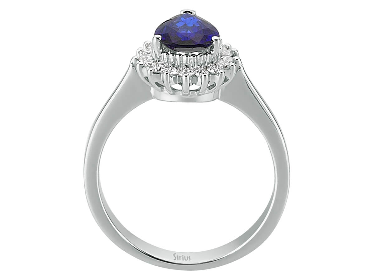 Diamond and drop sapphire ring in 14 carat white gold
