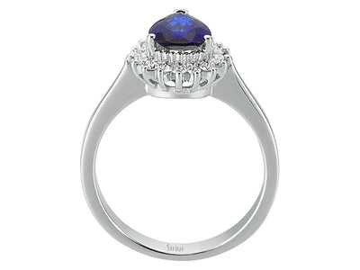 Diamond and drop sapphire ring in 14 carat white gold
