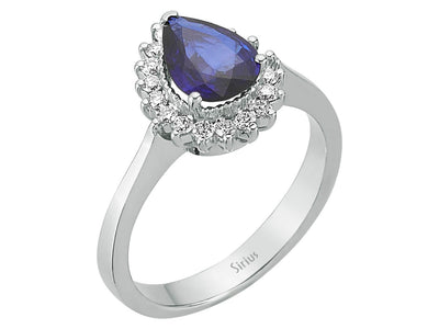 Diamond and drop sapphire ring in 14 carat white gold