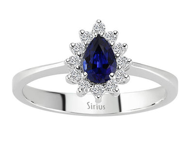 Diamond and pear sapphire ring in 14 K white gold