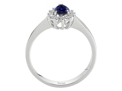 Diamond and pear sapphire ring in 14 K white gold