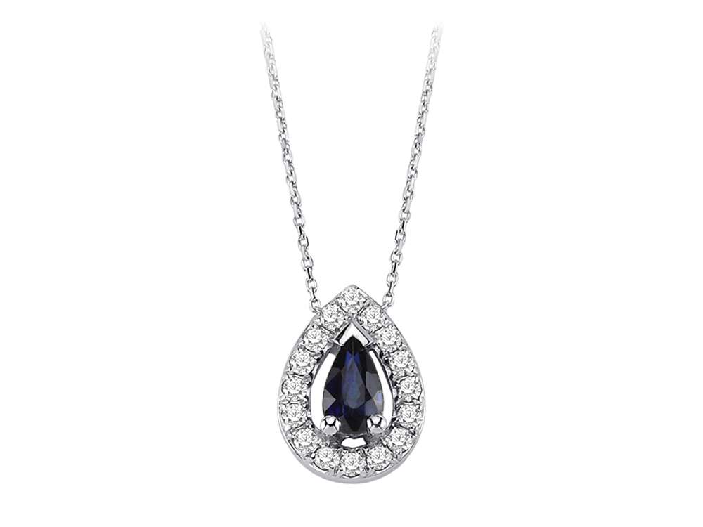 Diamond and drop sapphire necklace in 14 K white gold