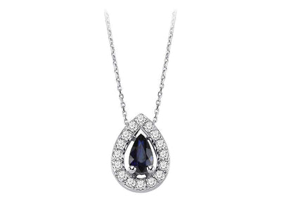 Diamond and drop sapphire necklace in 14 K white gold