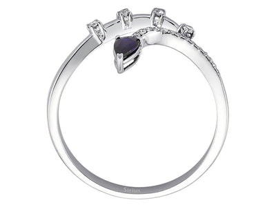 Diamond and drop sapphire swan neck ring in 8 K white gold