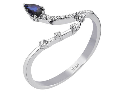 Diamond and drop sapphire swan neck ring in 8 K white gold