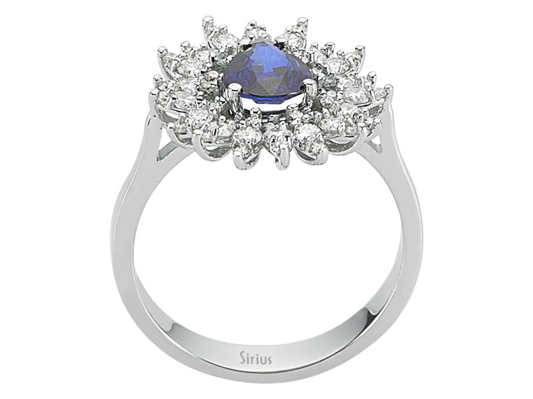 Diamond and drop sapphire ring in 14 carat white gold