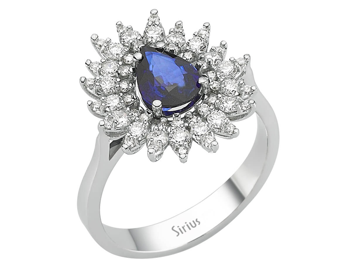 Diamond and drop sapphire ring in 14 carat white gold