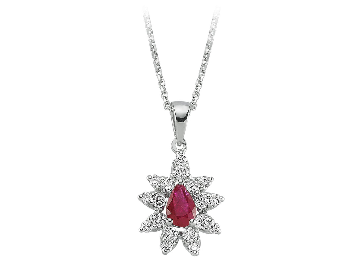 Diamant und Drop Rubin Collier in 14 K Weißgold - handgefertigter Diamantschmuck aus Feingold | Sirius Diamant