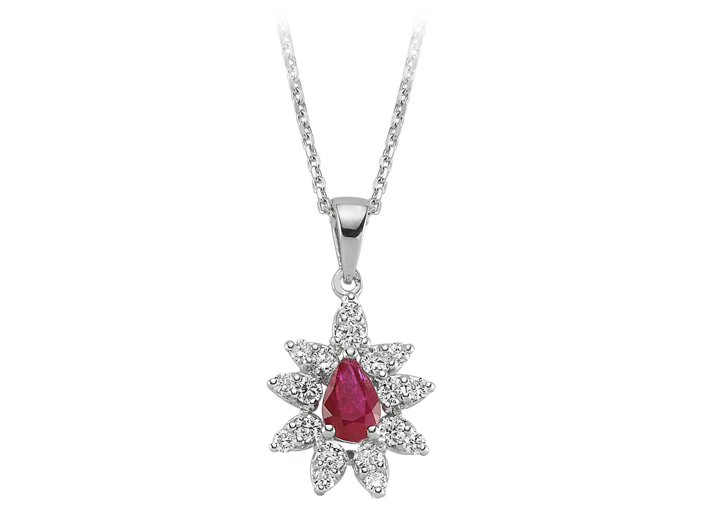 Diamond and drop ruby necklace in 14 K white gold