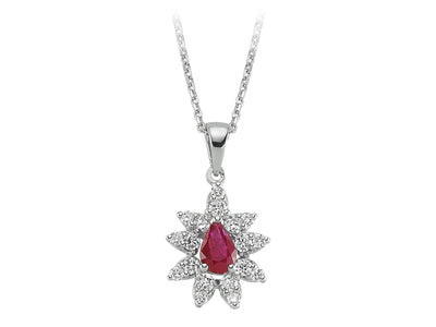 Diamond and drop ruby necklace in 14 K white gold