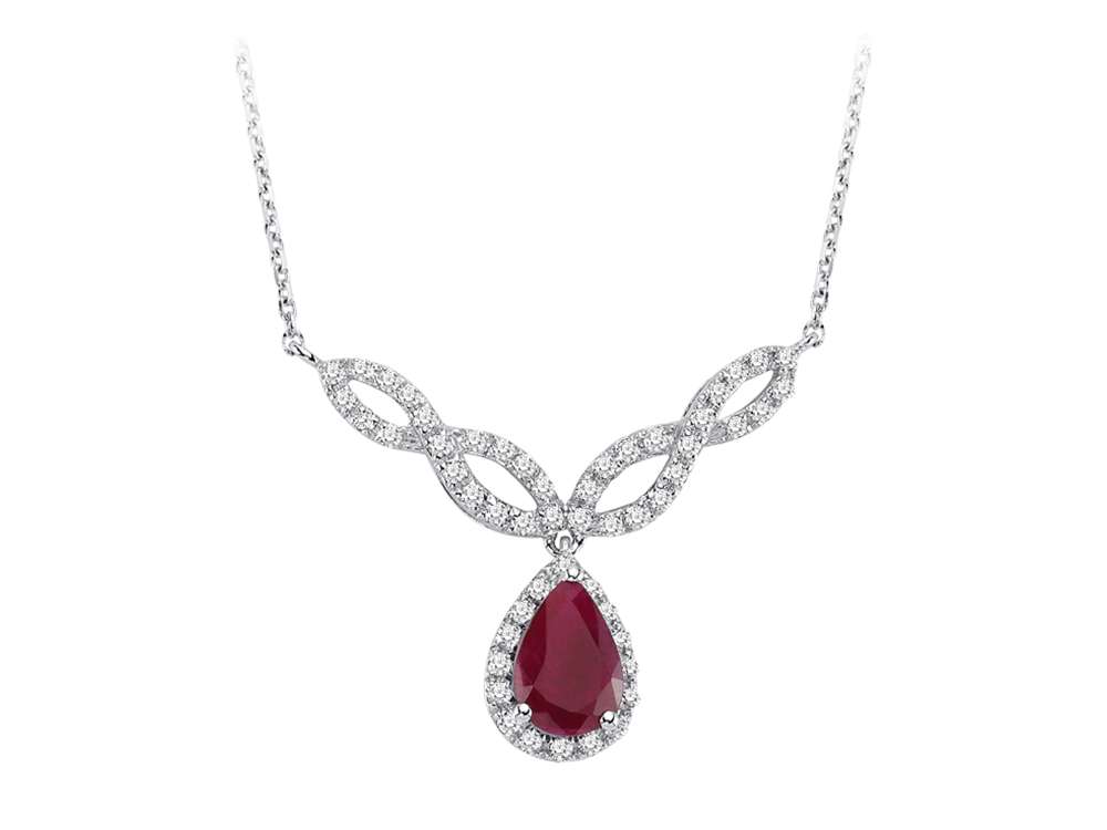 Diamond and teardrop ruby necklace in 14 K white gold