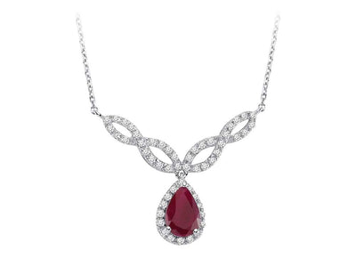 Diamond and teardrop ruby necklace in 14 K white gold