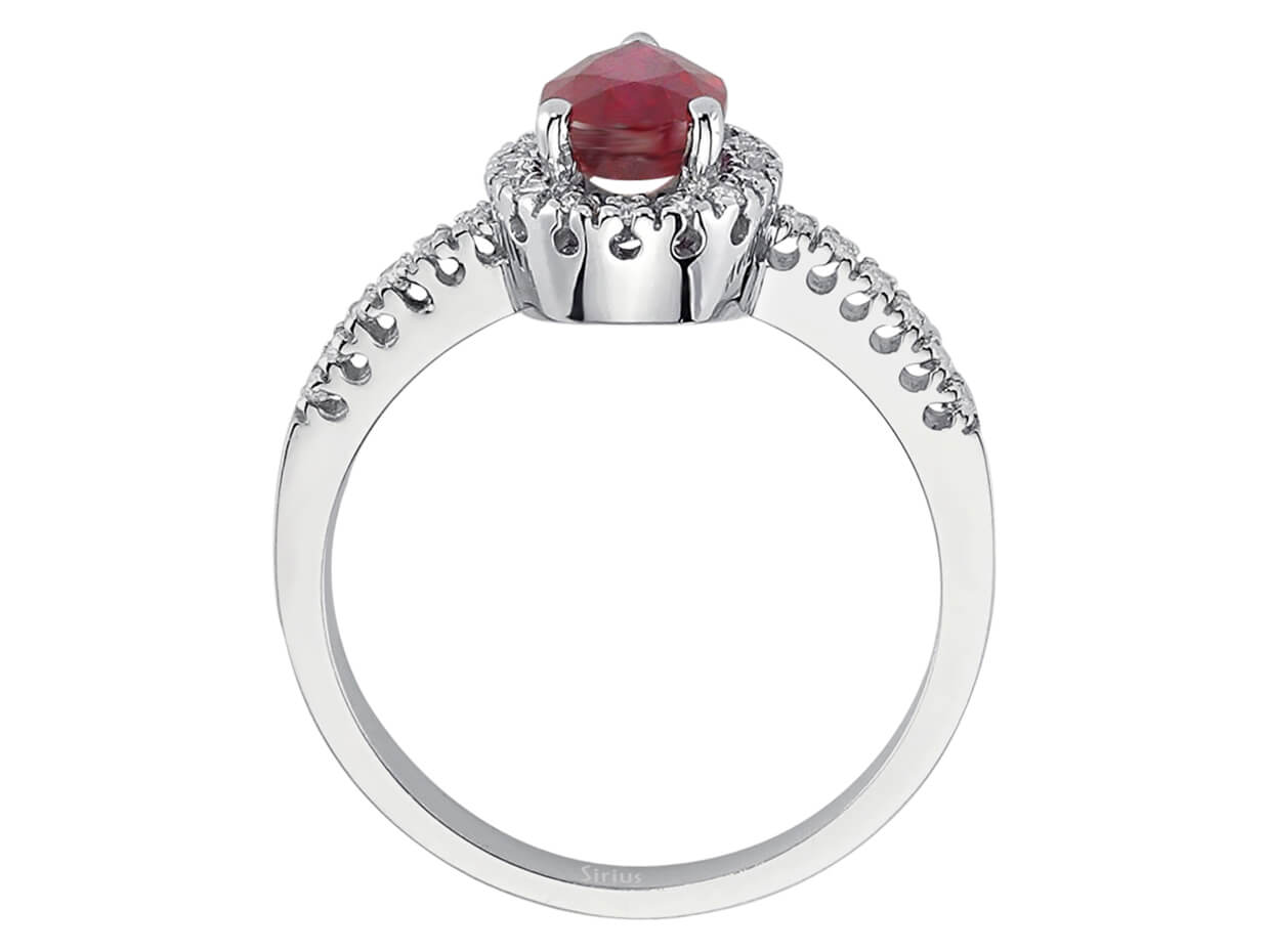 Diamond and drop ruby ring in 14 K white gold