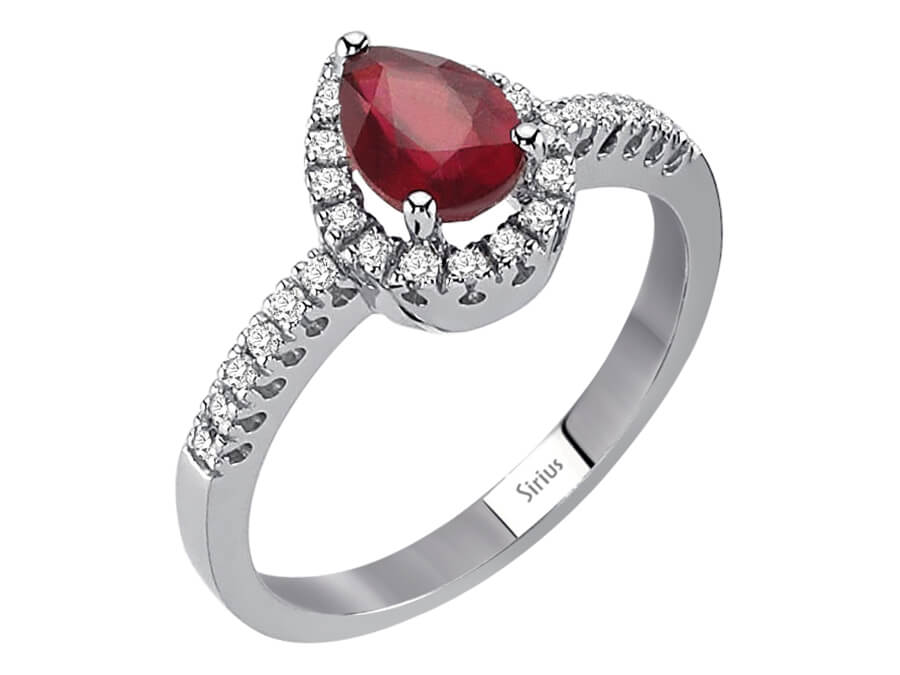 Diamond and drop ruby ring in 14 K white gold