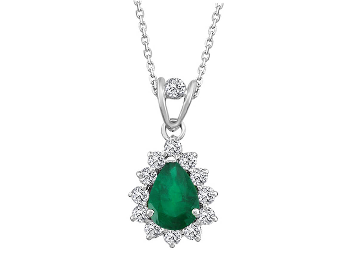 Diamond and drop emerald necklace in 14 carat white gold