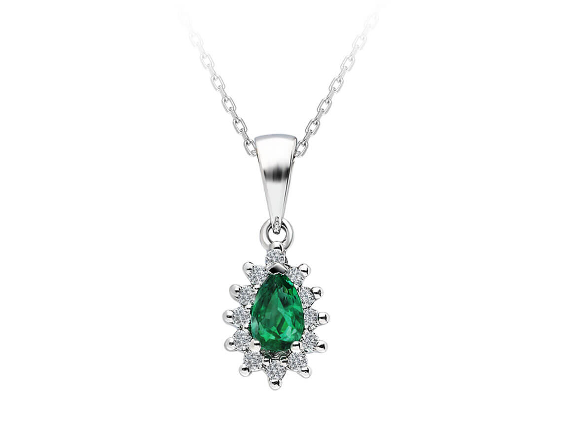 Diamond and drop emerald necklace in 8K white gold