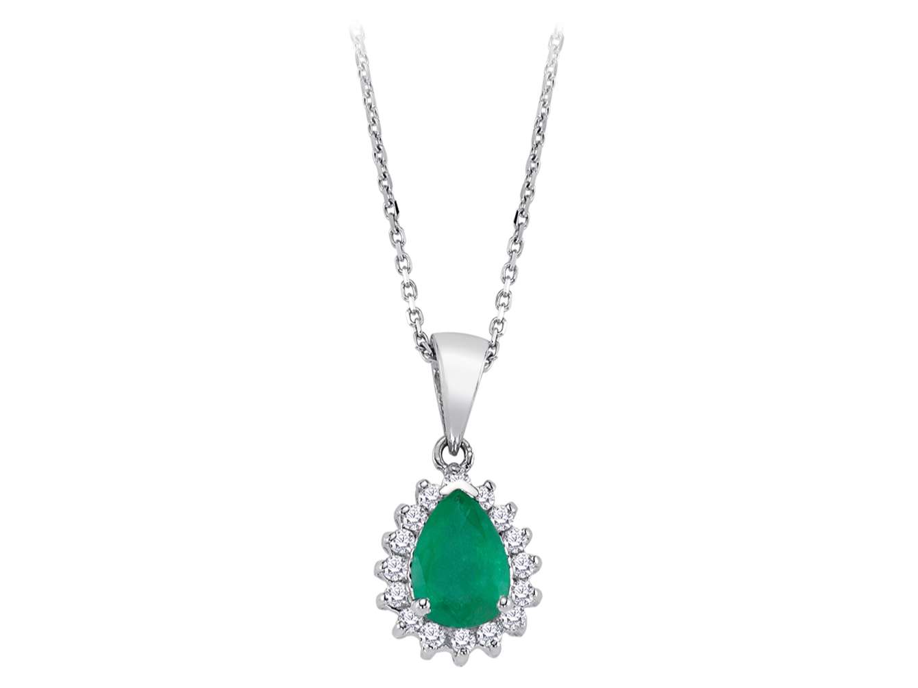Diamond and drop emerald necklace in 14 K white gold