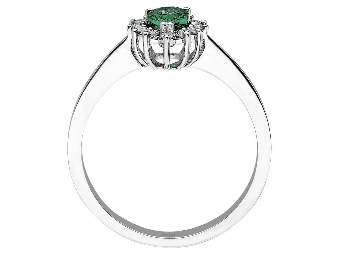 Diamond and drop emerald ring in 333 8K white gold