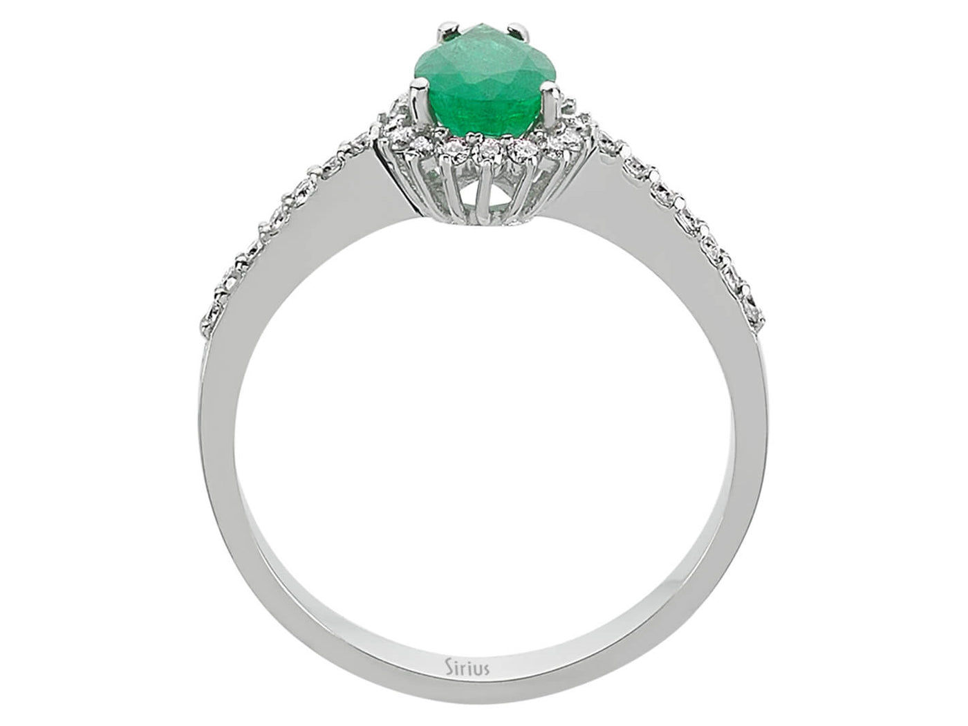 Diamond and drop emerald ring in 14 K white gold