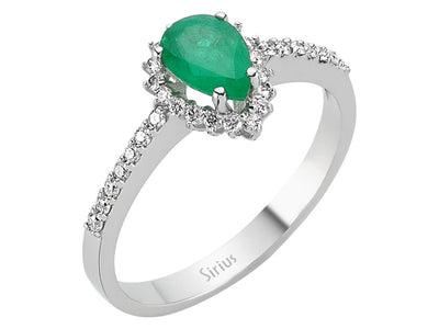 Diamond and drop emerald ring in 14 K white gold