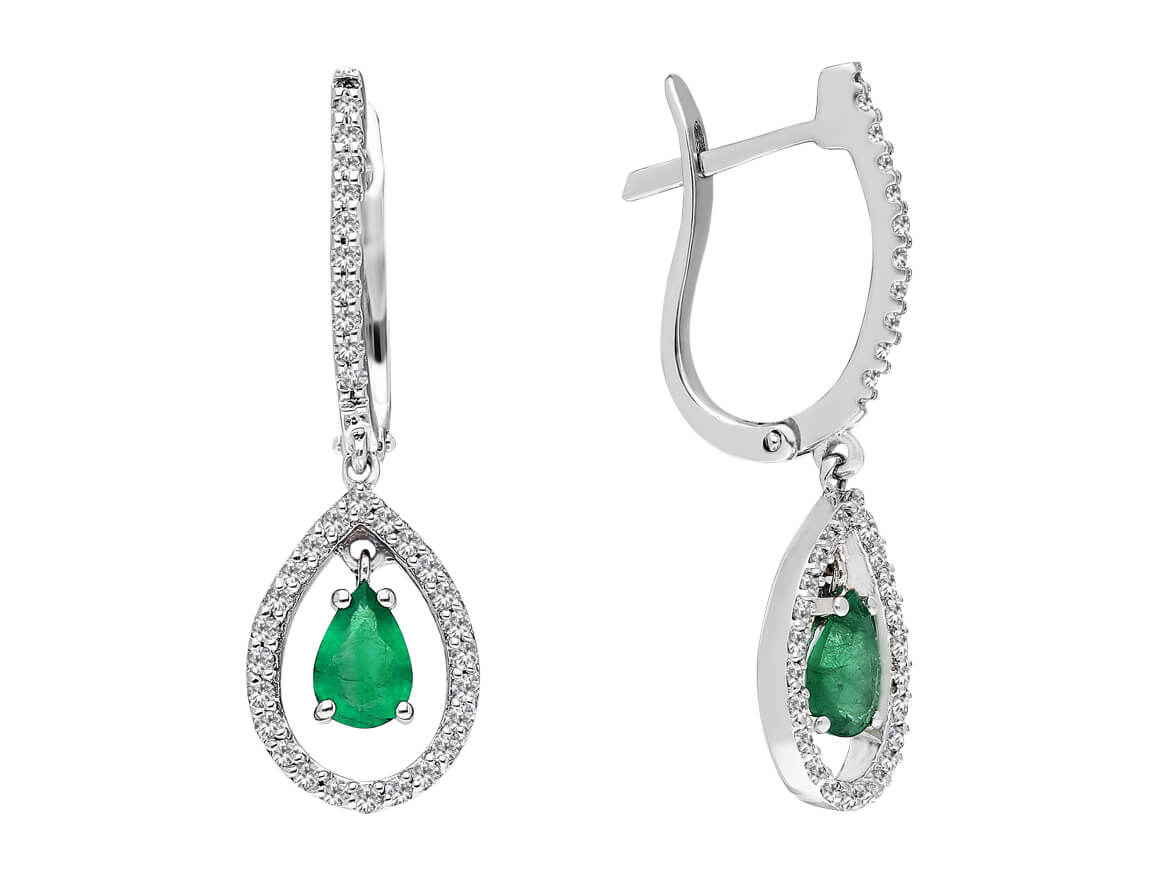 Diamond and drop emerald earrings in 14 carat white gold