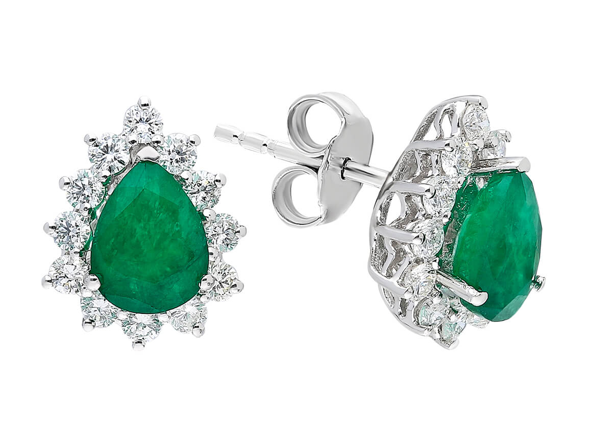 Diamond and drop emerald earrings in 18 K white gold