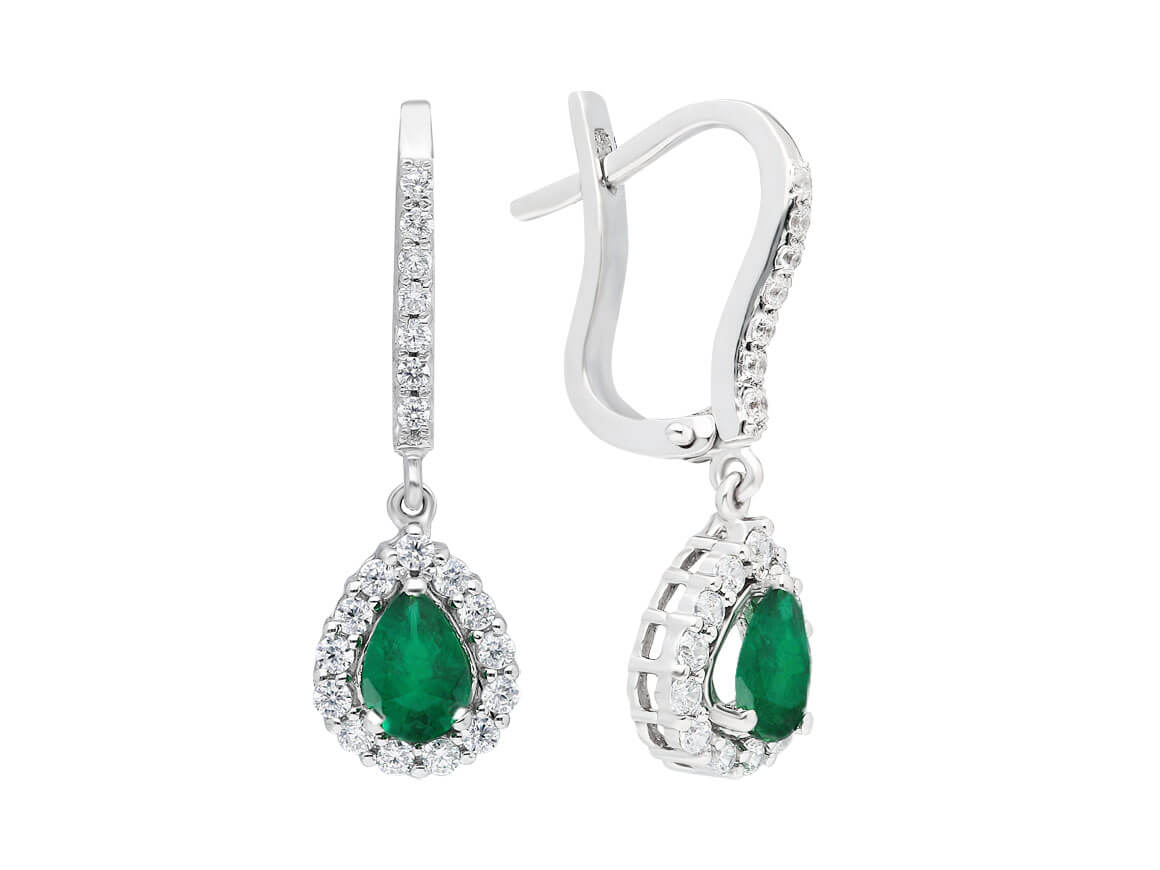 Diamond and drop emerald earrings in 14K white gold