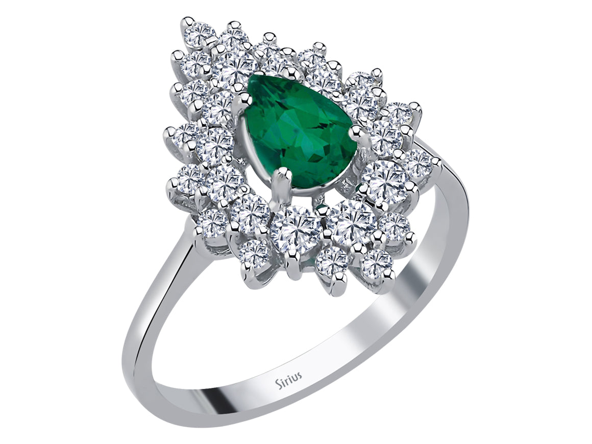 Neslişah ring with diamonds and drop-shaped emeralds