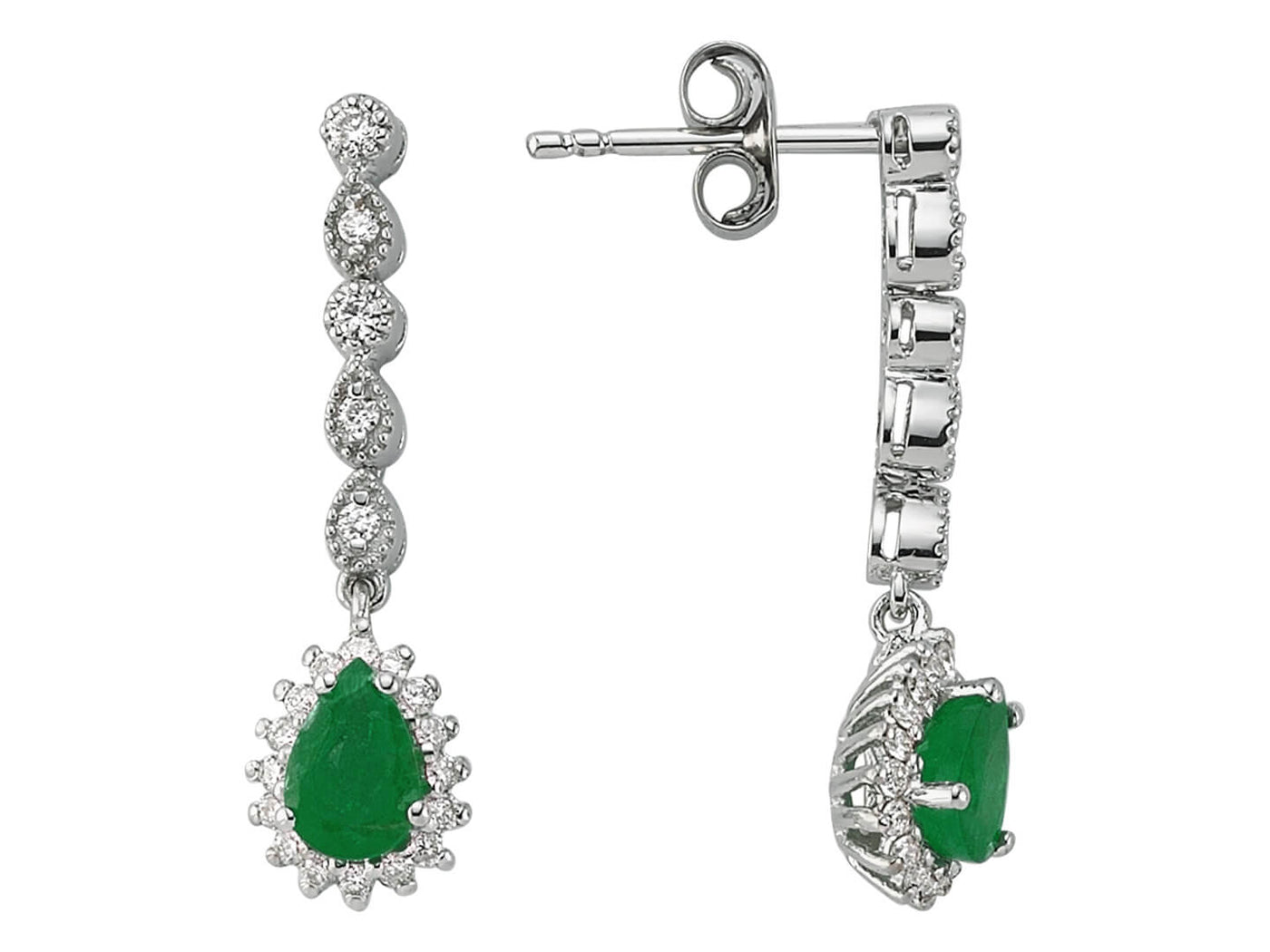 Diamond and drop emerald earrings in 14 carat white gold