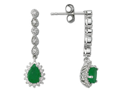 Diamond and drop emerald earrings in 14 carat white gold