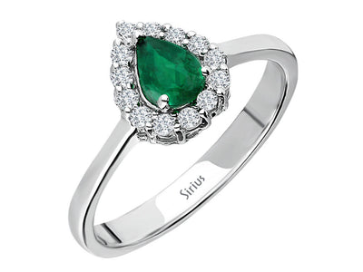 Diamond and drop emerald ring in 18K white gold