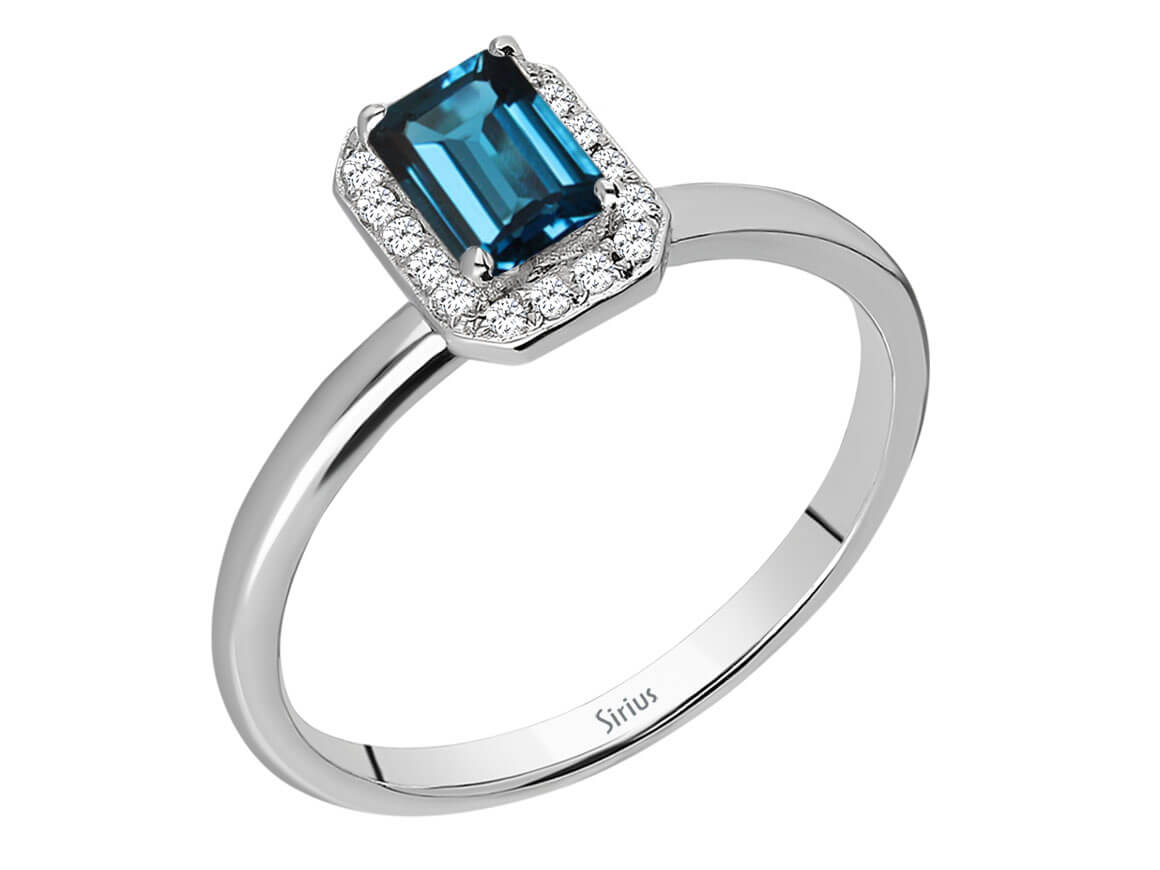 Diamant und Emerald Cut London Blauer Topas Ring - handgefertigter Diamantschmuck aus Feingold | Sirius Diamant