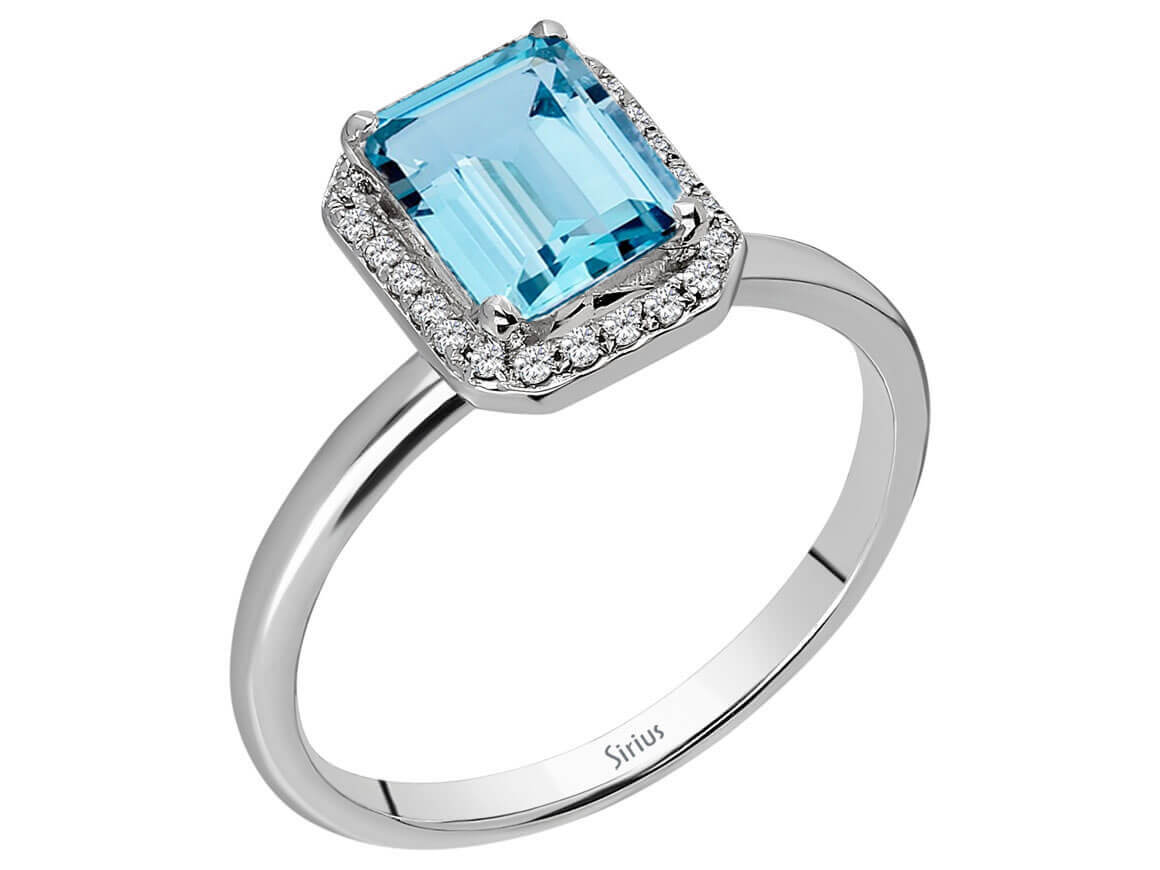 Diamant und Emerald Cut Blauer Topas Ring - handgefertigter Diamantschmuck aus Feingold | Sirius Diamant