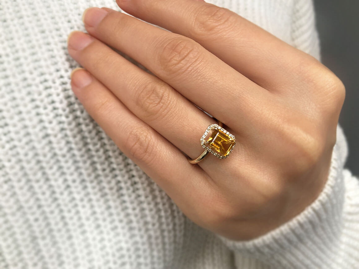 Diamond and Emerald Cut Citrine Ring