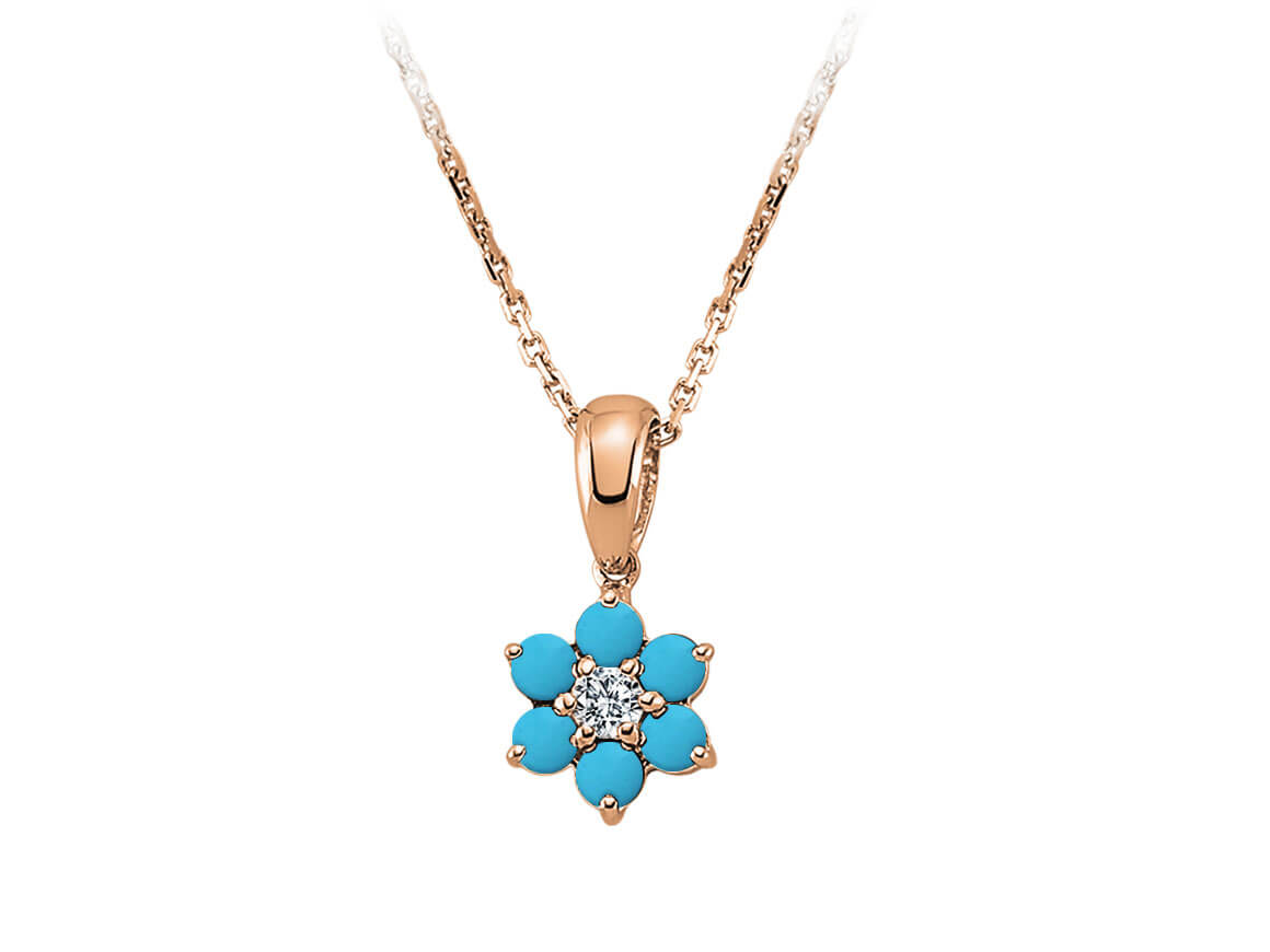 Diamant und Türkis Gänseblümchen Collier in 333er 8 K Rotgold - handgefertigter Diamantschmuck aus Feingold | Sirius Diamant
