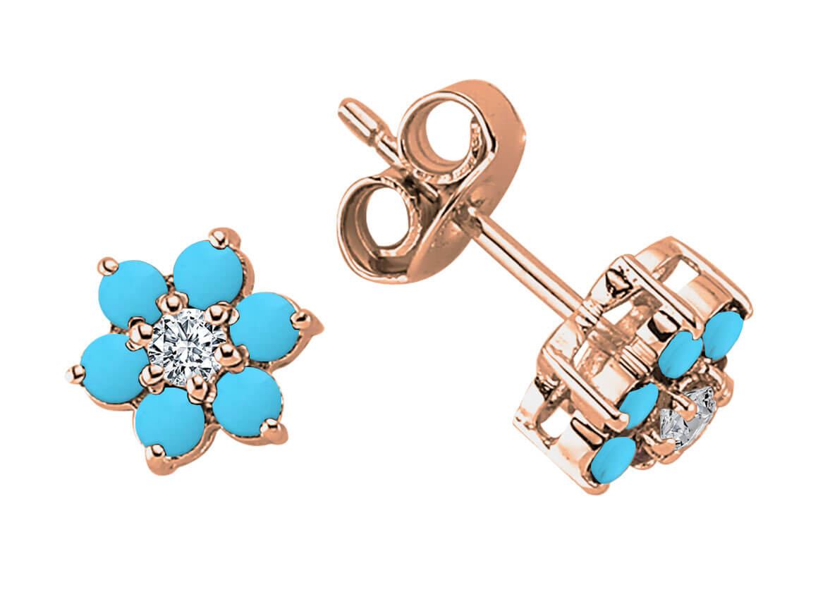0,08 Karat Diamant und Türkis Gänseblümchen Ohrringe in 333er 8 Karat Rosegold - handgefertigter Diamantschmuck aus Feingold | Sirius Diamant