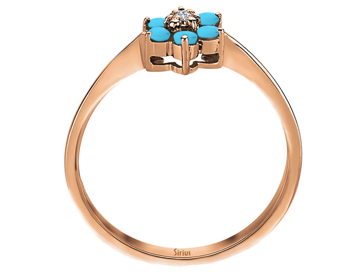 Diamant und Türkis Gänseblümchen Ring 8 K Rotgold - handgefertigter Diamantschmuck aus Feingold | Sirius Diamant