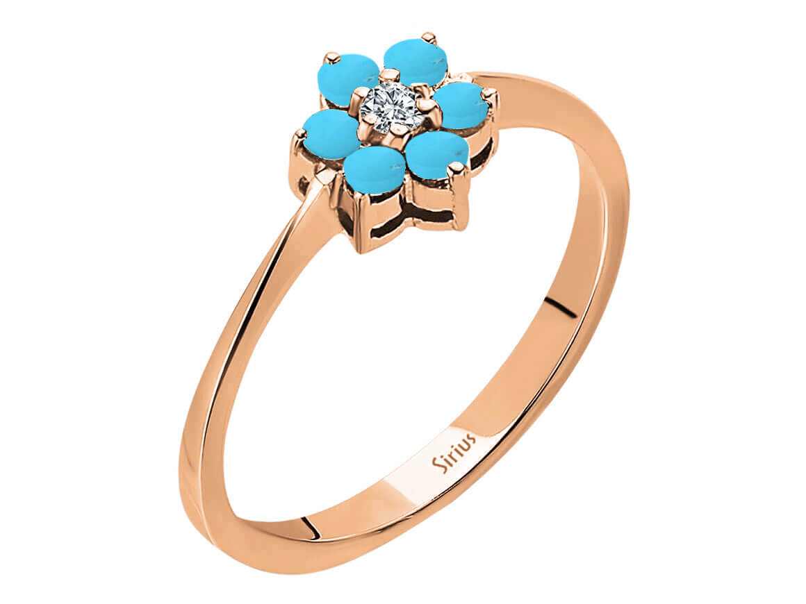 Diamant und Türkis Gänseblümchen Ring 8 K Rotgold - handgefertigter Diamantschmuck aus Feingold | Sirius Diamant