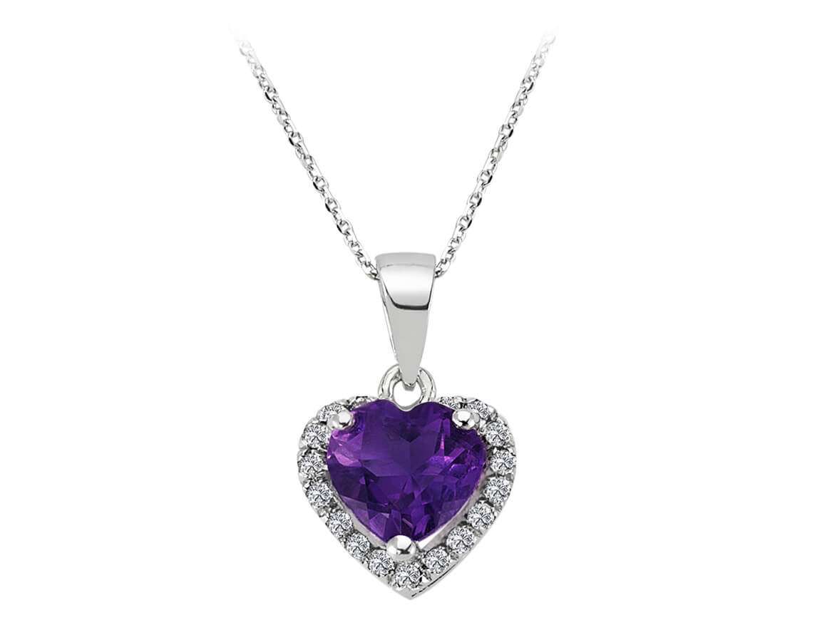 Diamond and heart amethyst necklace in 14 K white gold