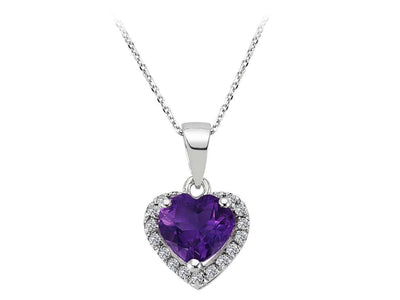 Diamond and heart amethyst necklace in 14 K white gold