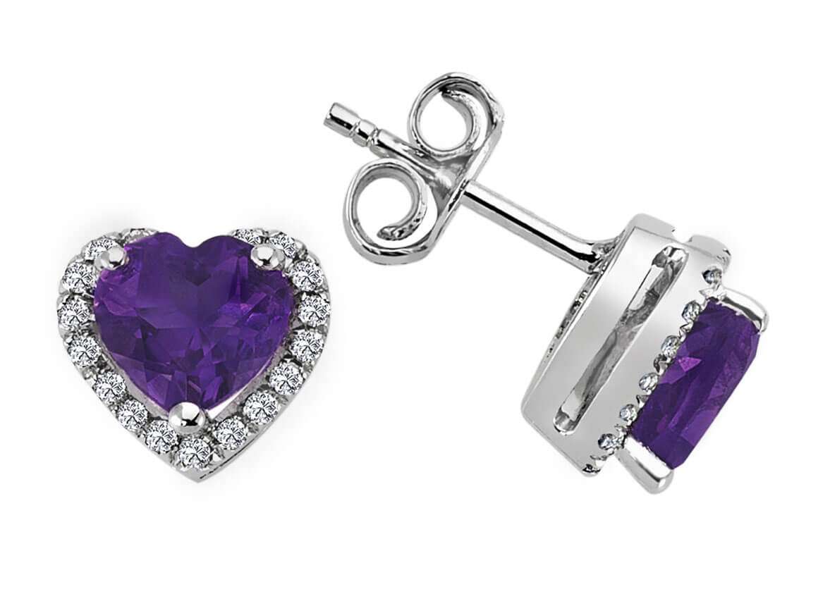 Diamond and heart amethyst earrings in 14 K white gold