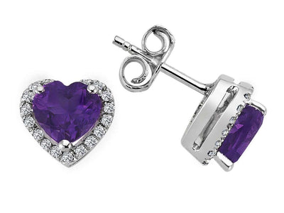 Diamond and heart amethyst earrings in 14 K white gold