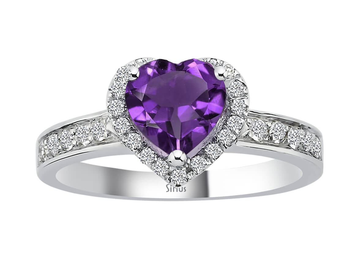 Diamond and heart cut amethyst ring in 14 K white gold